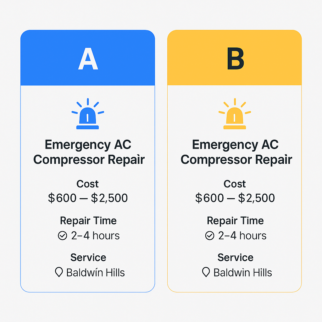 Comparison of emergency AC compressor repair services in cost, response time, and availability for Baldwin Hills area.