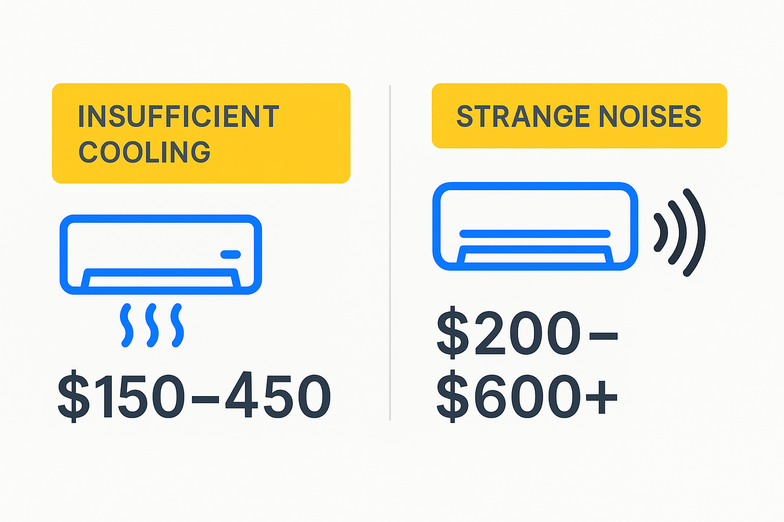 Infographic showing common AC problems, signs of failure, and average repair costs in Windsor Square