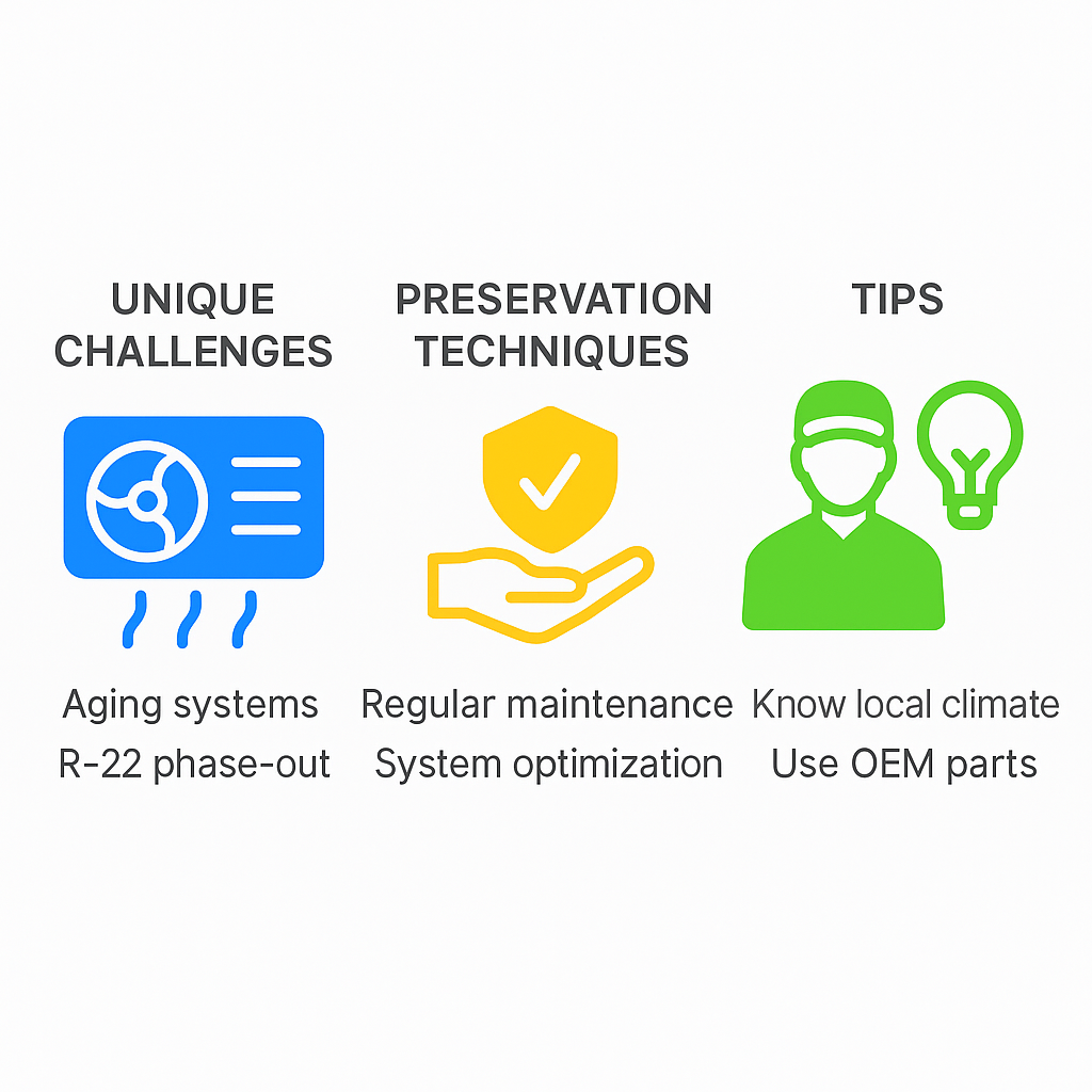 Infographic showing specialized AC repair challenges and preservation techniques for Windsor Square historic homes