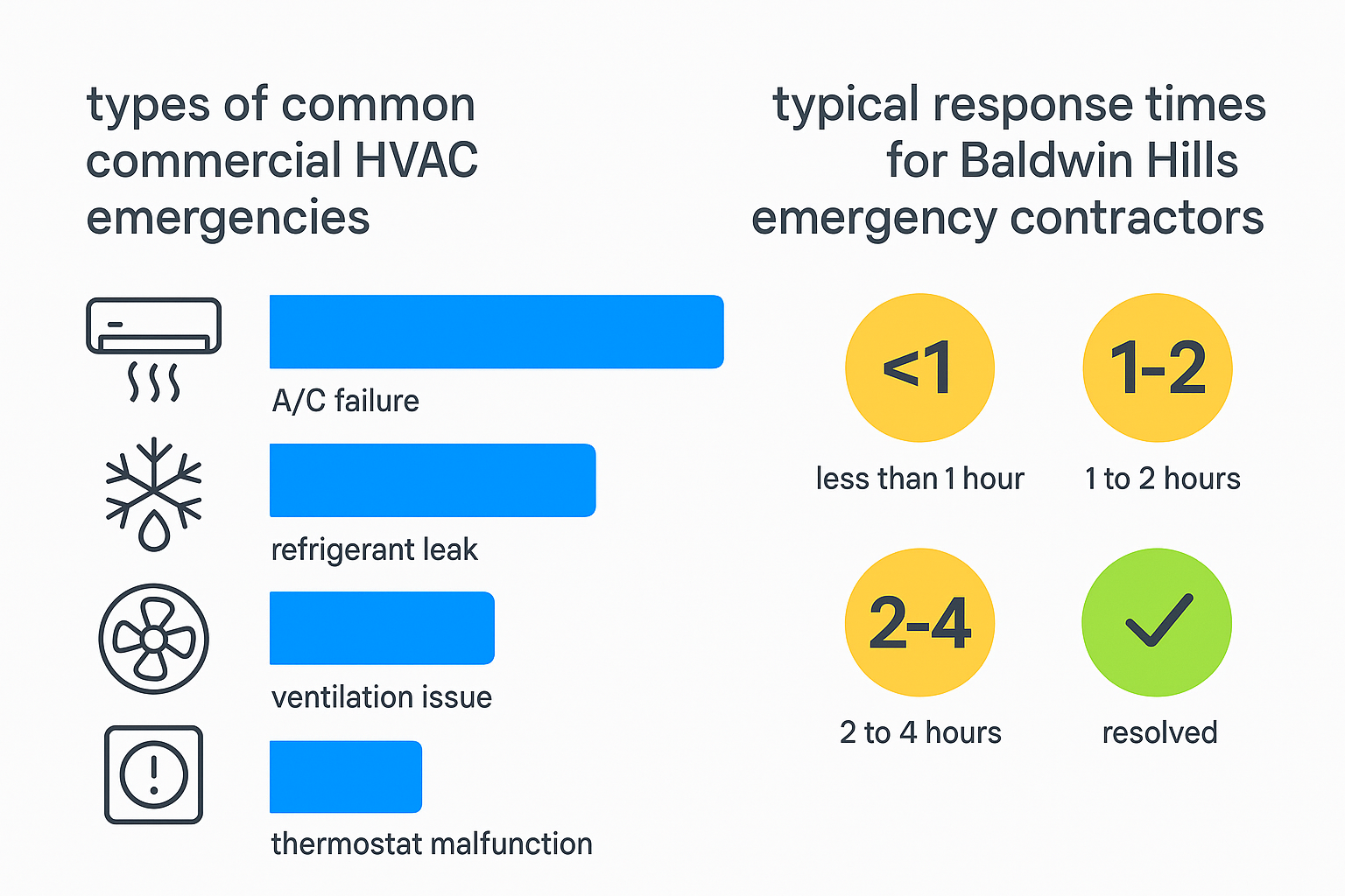 Infographic illustrating common commercial HVAC emergencies and typical Baldwin Hills contractor response times