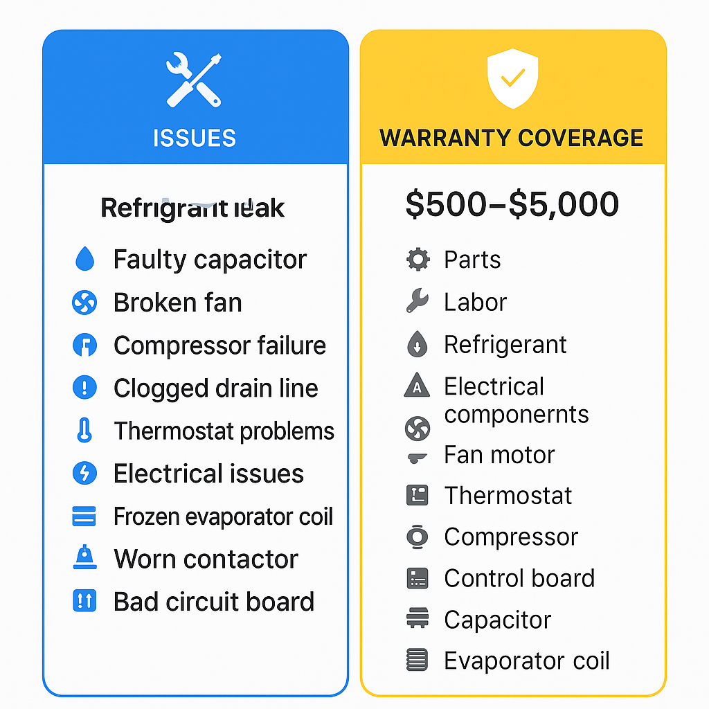 Comparison chart of commercial AC repair issues, costs, and warranty options for Windsor Square small businesses
