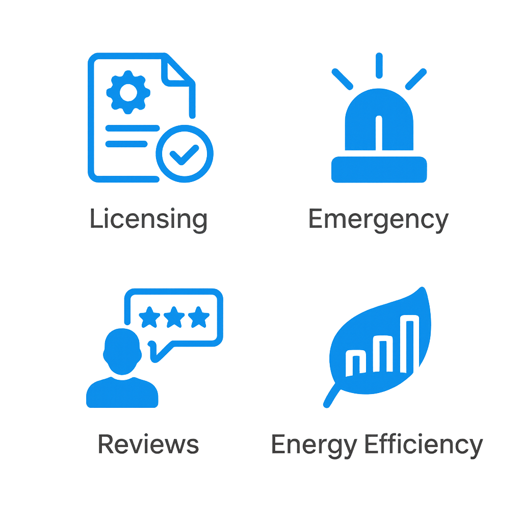 Icon set representing licensing, emergency responsiveness, customer reviews, and energy efficiency expertise