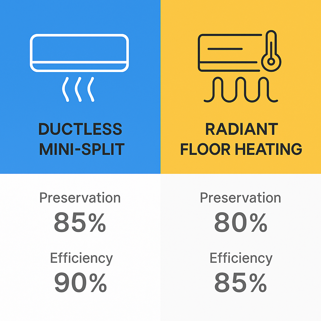 Comparison chart of energy-efficient heating solutions highlighting preservation and efficiency for historic homes.