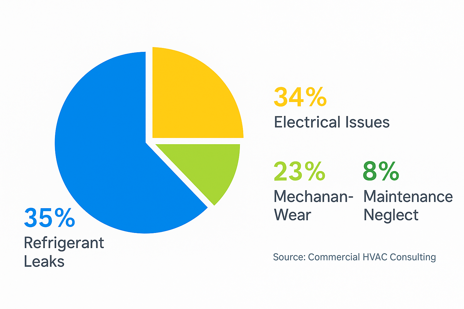 Infographic showing primary causes of commercial AC compressor failures including refrigerant leaks, electrical issues, mechanical wear, and maintenance neglect