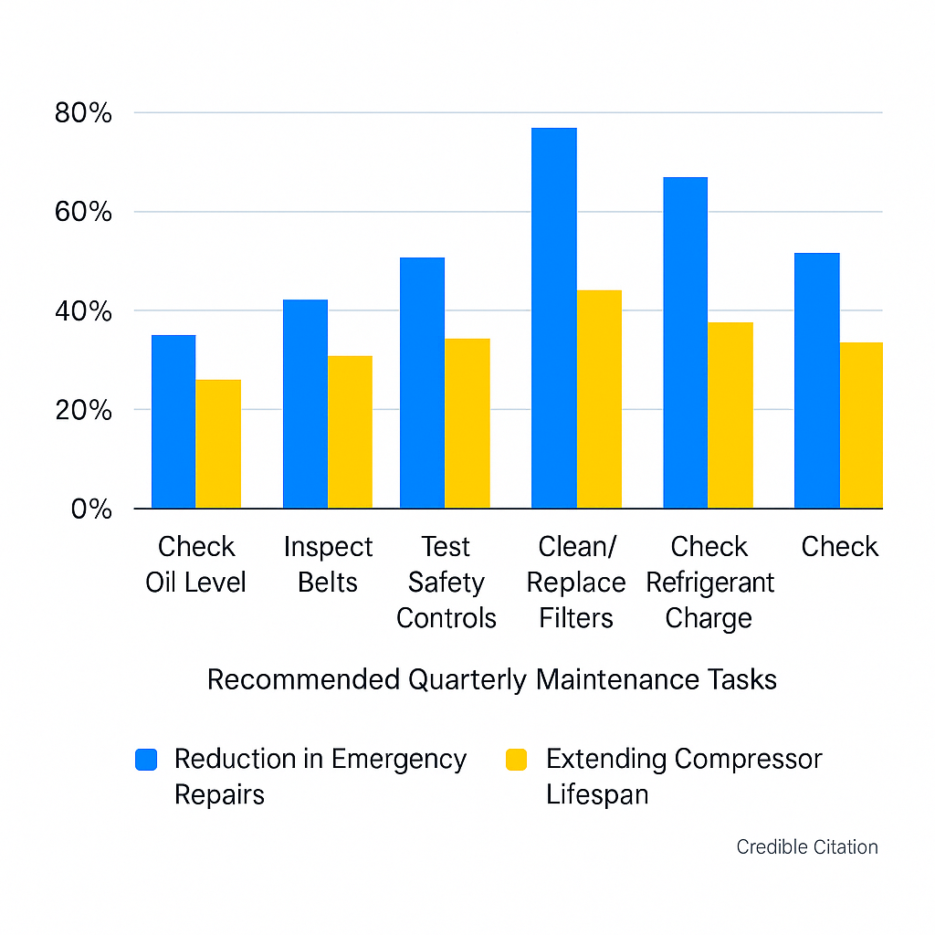 Chart depicting quarterly maintenance tasks impact on reducing emergency HVAC compressor repairs and extending lifespan