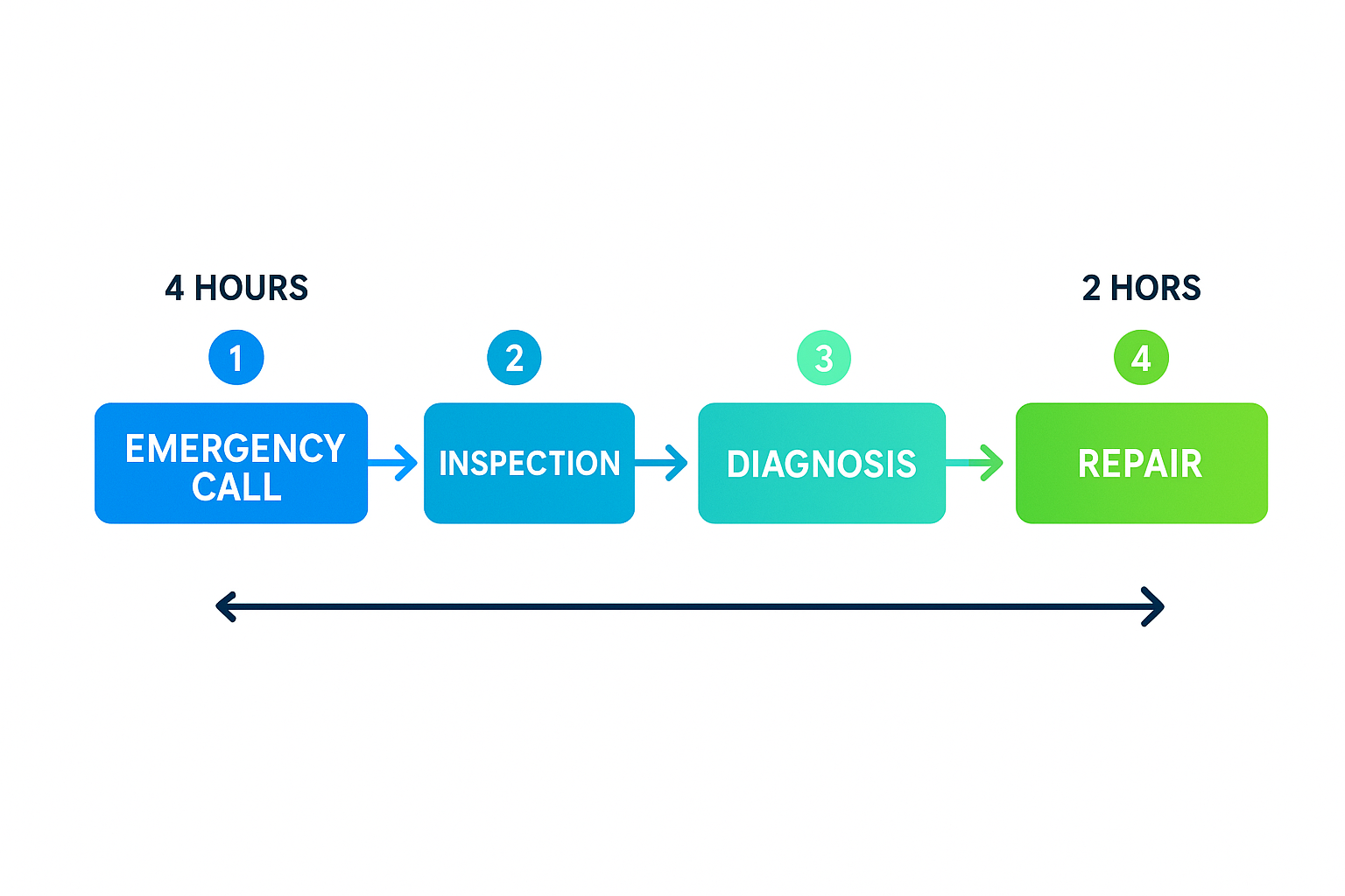 Horizontal process flow diagram of emergency AC compressor repair workflow with response and repair time estimates