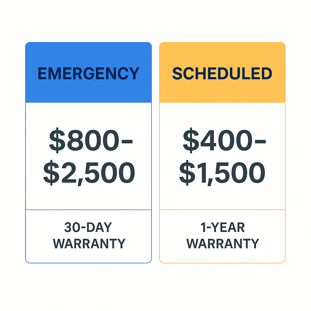 Side-by-side comparison of emergency and scheduled AC compressor repair costs and warranties in Hancock Park