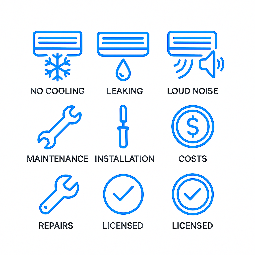 Icon set representing common AC repair services, issues, cost factors, and trust badges in Hancock Park, CA