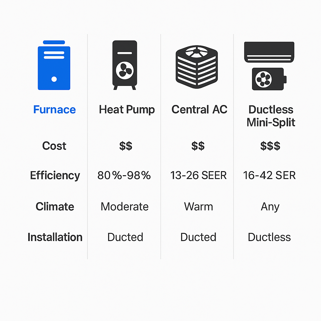 Side-by-side comparison infographic of popular heating and cooling systems in Beverly Grove