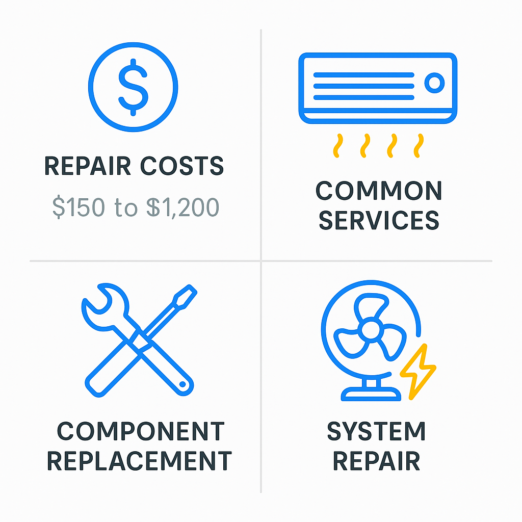 Four-quadrant comparison infographic detailing AC repair costs and influencing factors in Beverly Grove.
