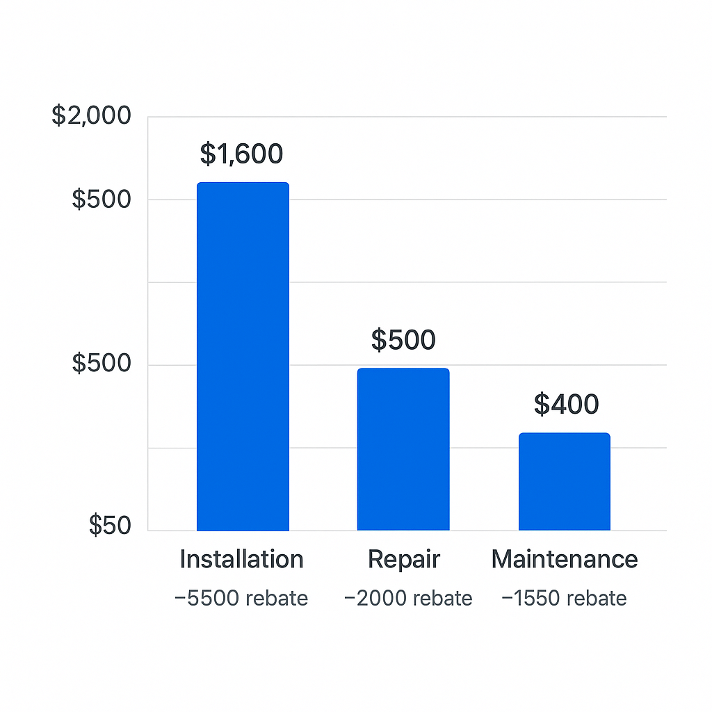 Bar chart showing average HVAC installation, repair, maintenance costs, and rebate impacts in Beverly Grove