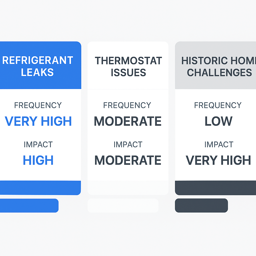Comparative visualization of common air conditioning problems in Hancock Park including refrigerant leaks, thermostat issues, and historic home challenges.