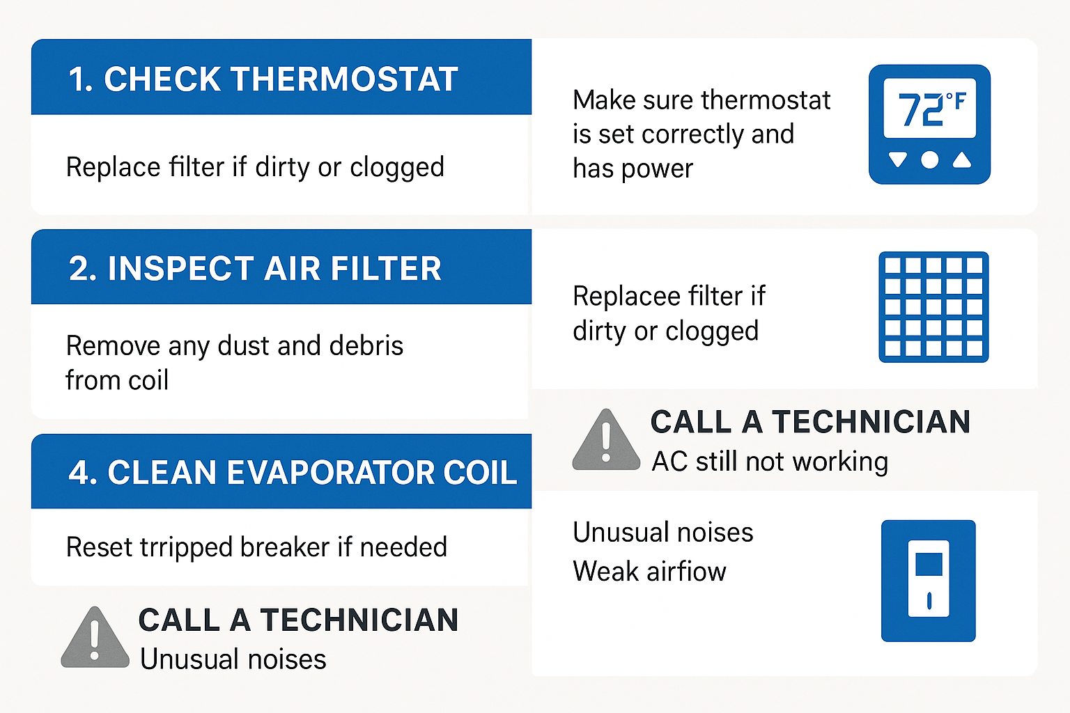 Step-by-step infographic showing DIY air conditioning troubleshooting and guidance for calling professional technicians.