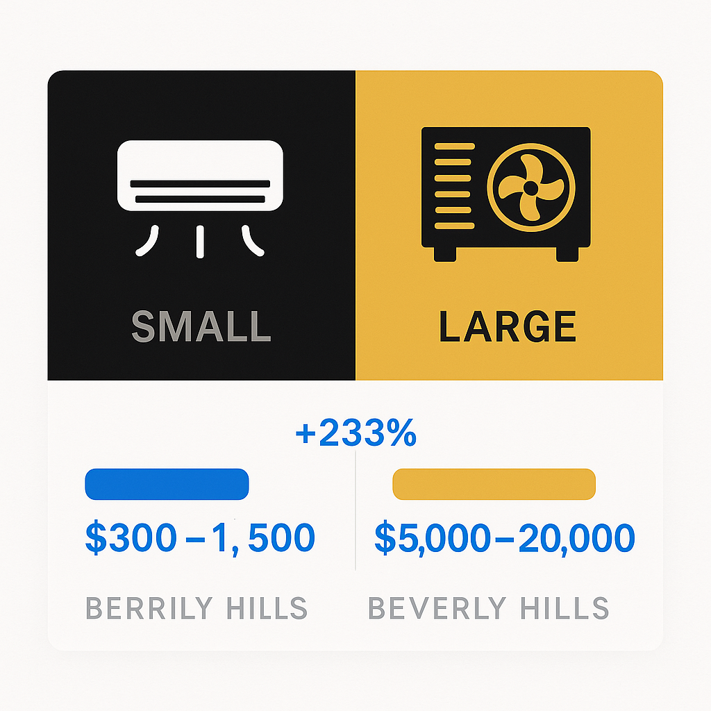 Side-by-side comparison of typical emergency AC repair costs for various commercial HVAC system scales in Beverly Hills