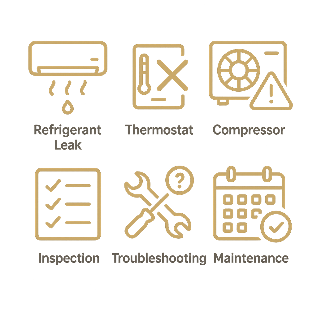 Collection of icons visualizing frequent AC issues and troubleshooting advice customized for local Beverly Hills markets