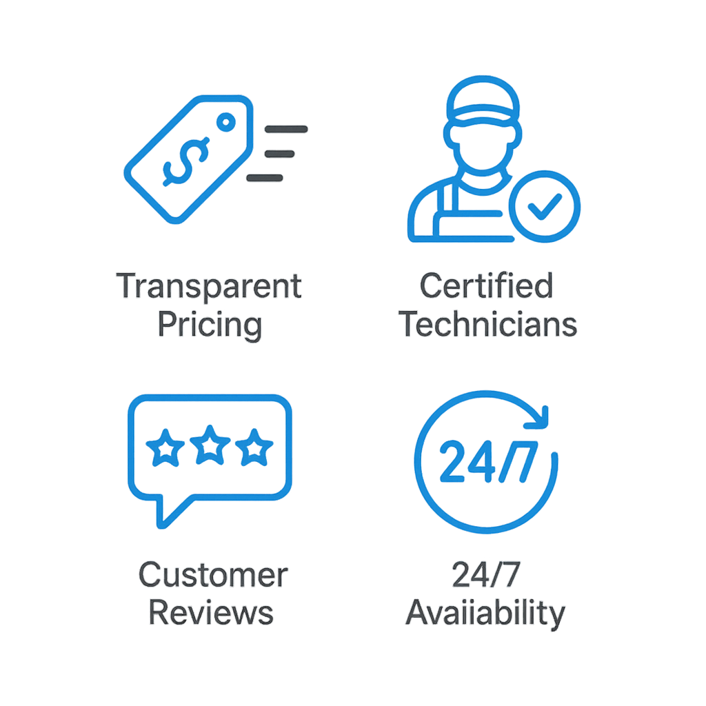 Icon set illustrating key trust factors in emergency HVAC services