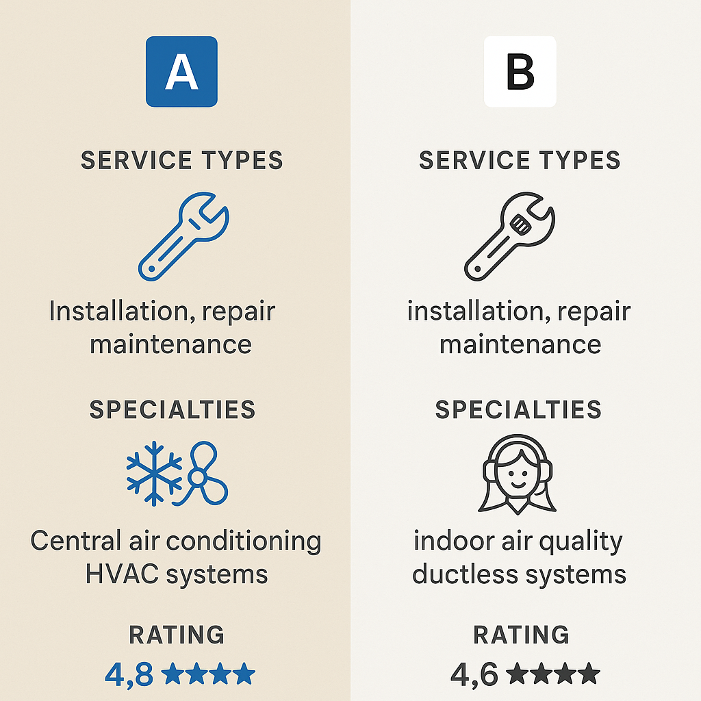 Side-by-side comparison infographic of top HVAC companies in West Hollywood highlighting services, specialties, and customer ratings