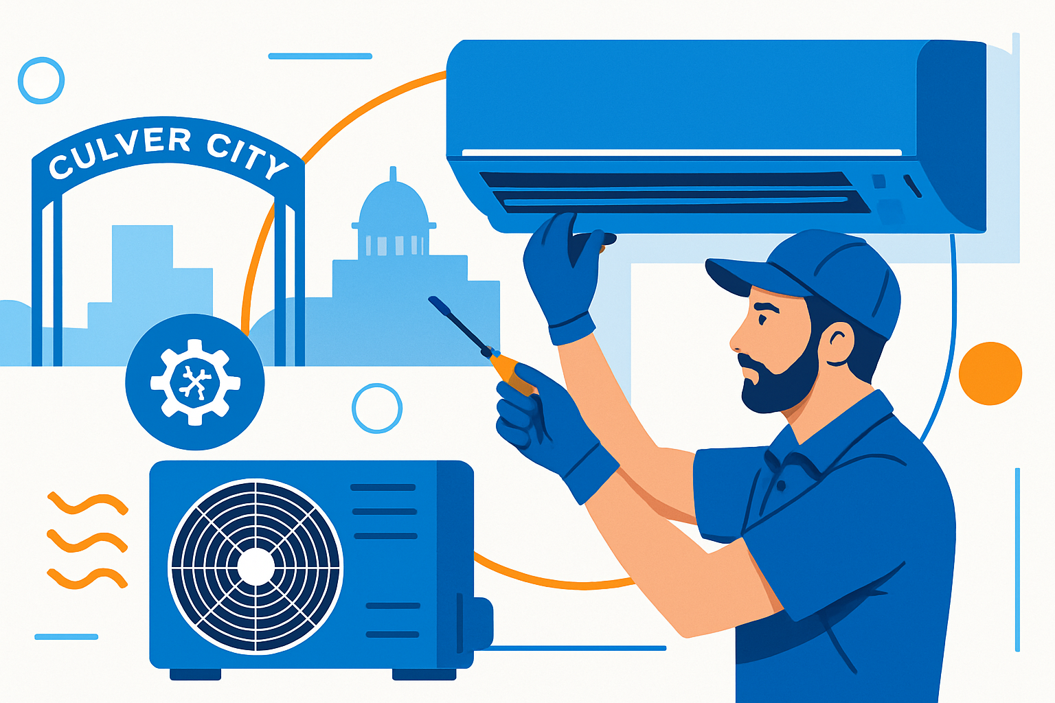 An HVAC technician performing maintenance on an outdoor AC unit located in Culver City, symbolizing reliable emergency and routine HVAC services.