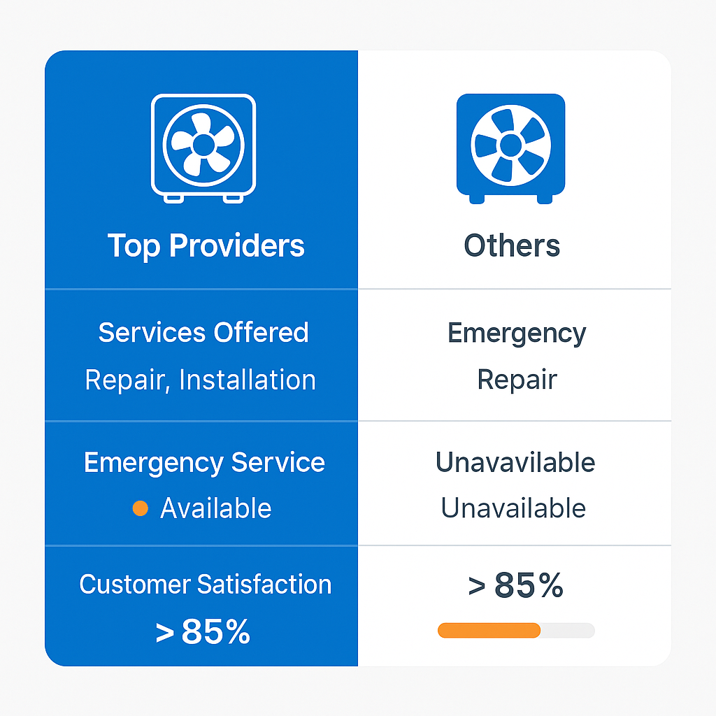 Side-by-side comparison chart of top AC repair providers in Culver City highlighting services, emergency availability, and high customer ratings