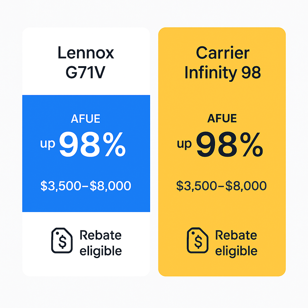 Side-by-side comparison of Lennox G71V and Carrier Infinity 98 furnaces with AFUE ratings, costs, and rebate information