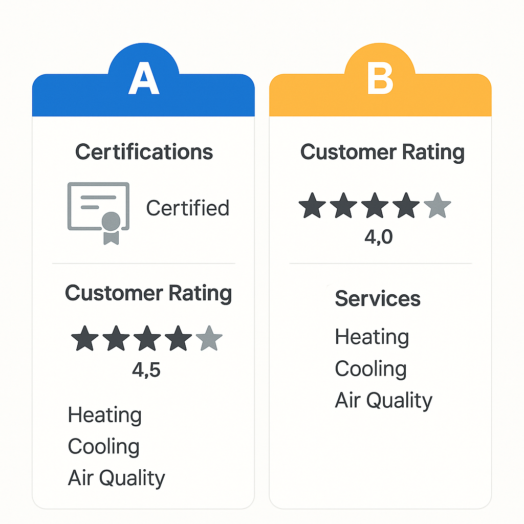 Comparison chart showing certifications, customer ratings, and service offerings of leading HVAC contractors in Cheviot Hills.