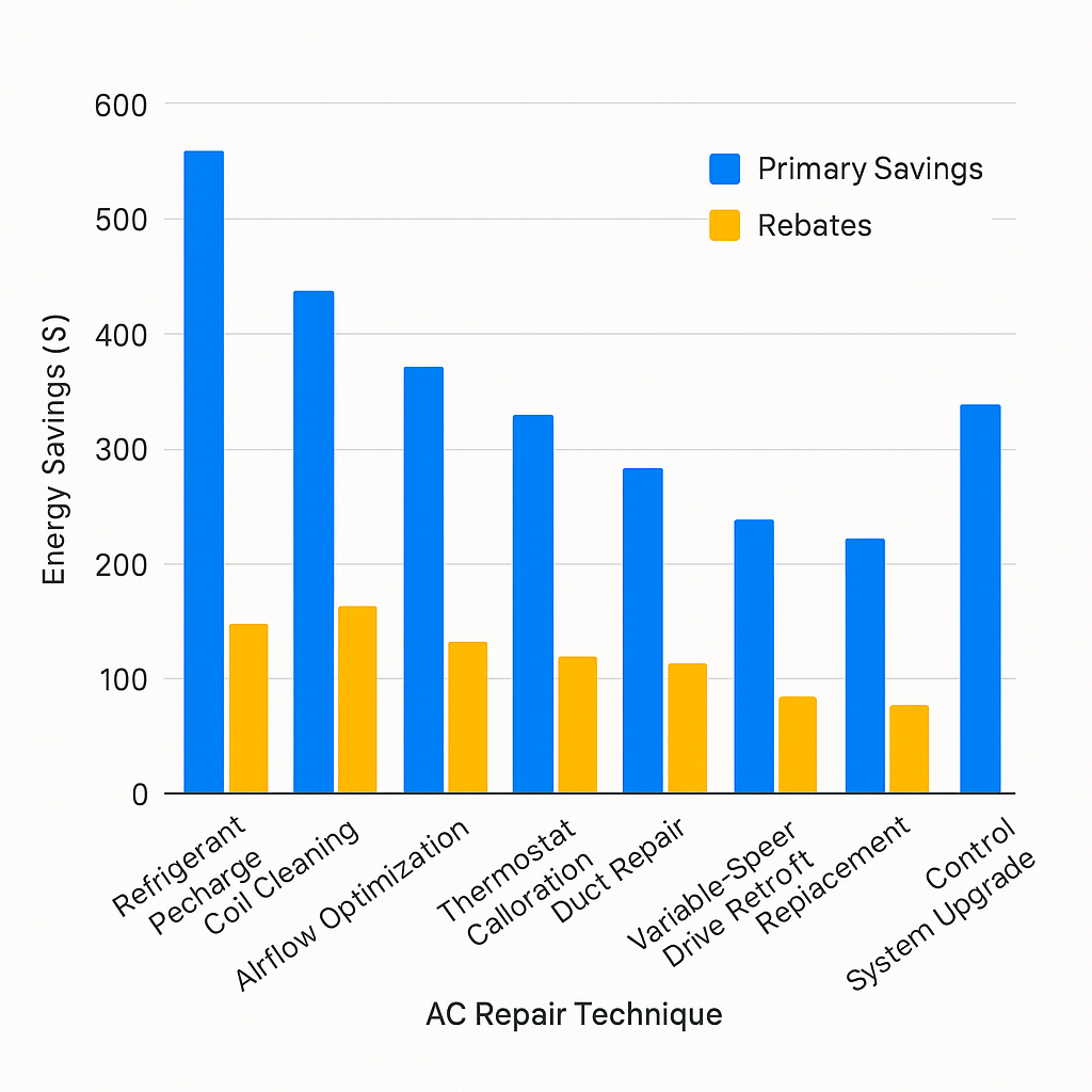 Data visualization showcasing energy savings and rebate opportunities from energy-efficient AC repair techniques in Culver City commercial buildings.