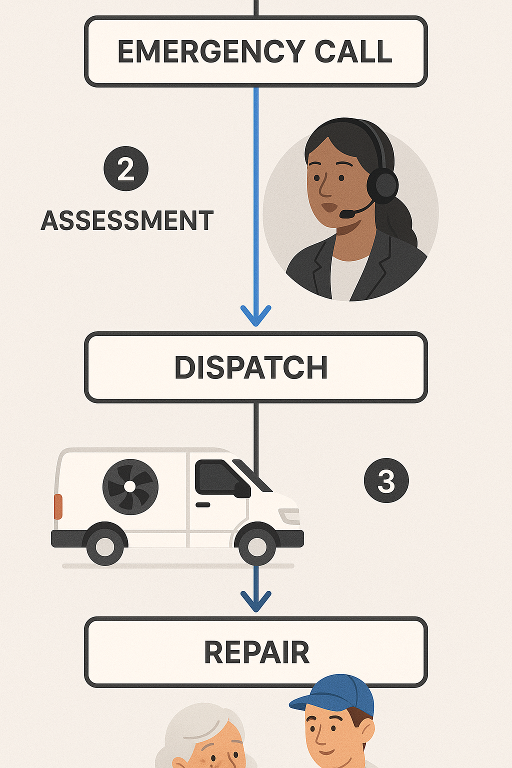 Vertical process flow diagram depicting emergency AC repair steps for elderly residents in Cheviot Hills