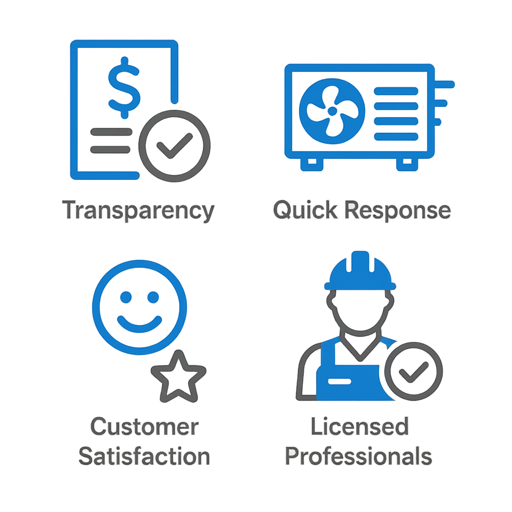 Icon set representing benefits of local HVAC services: transparency, quick response, satisfaction, licensed professionals