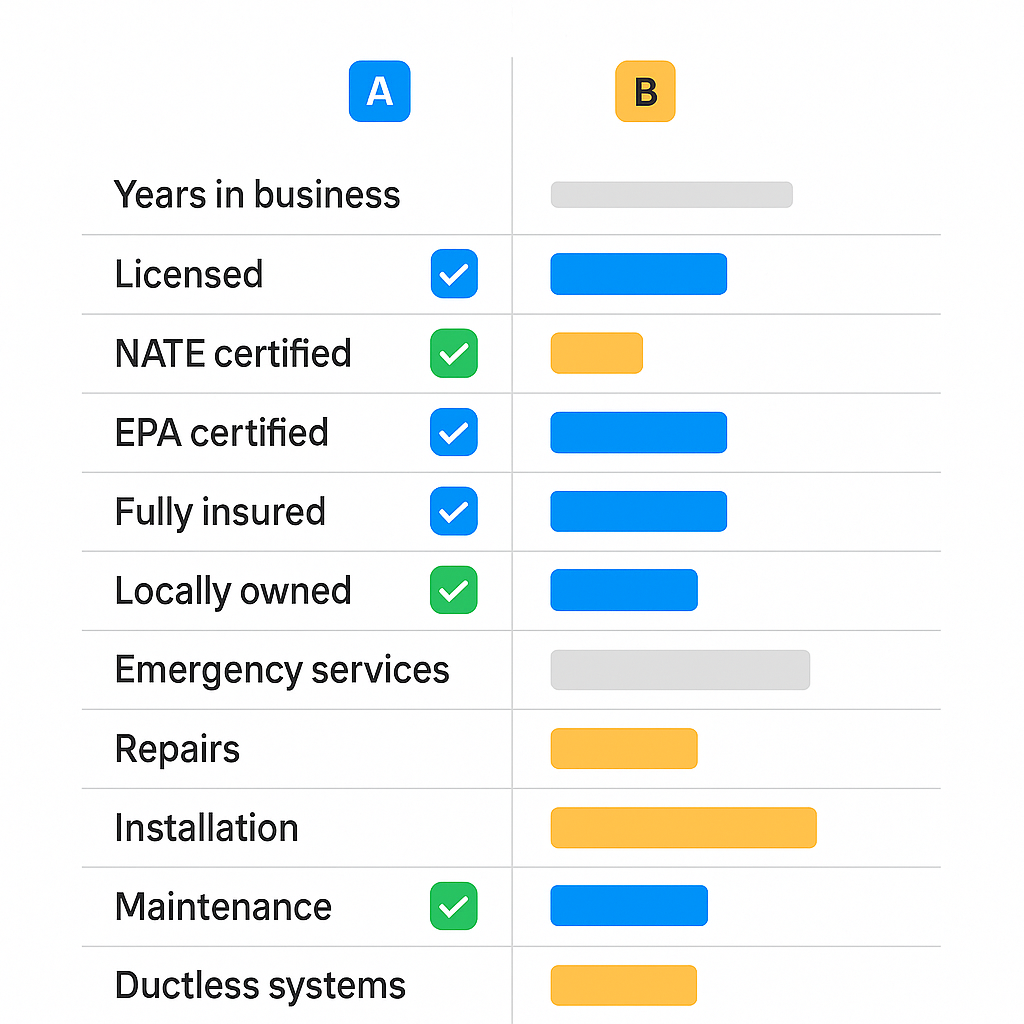 Comparison chart showcasing features and certifications of top HVAC contractors in Cheviot Hills