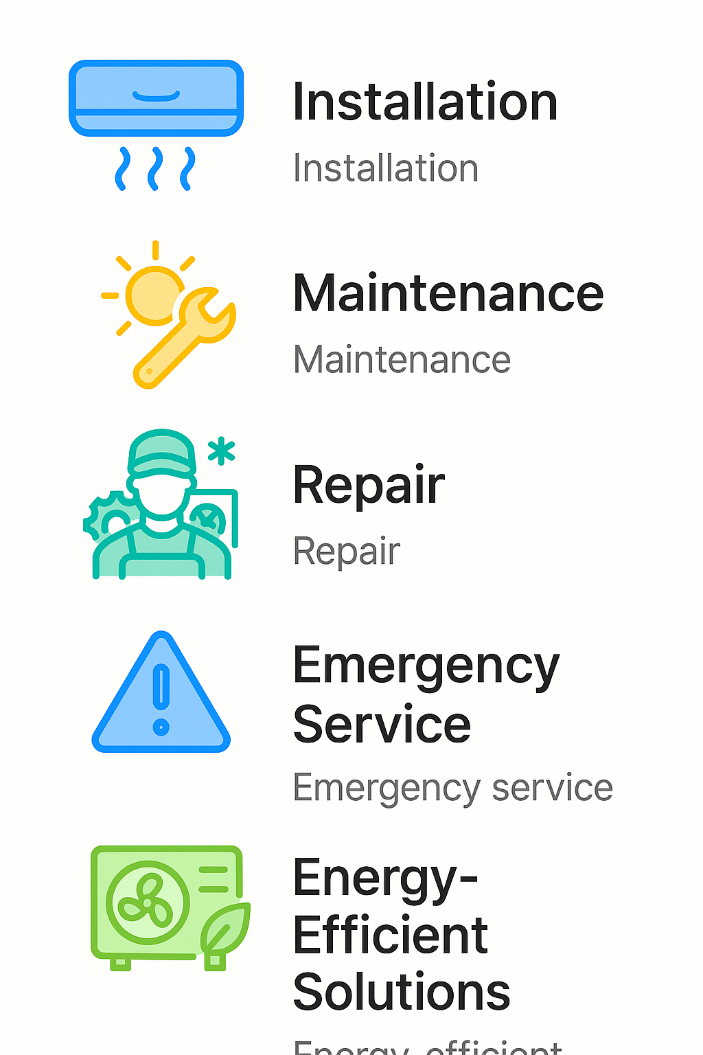 Infographic outlining HVAC services offered including installation, maintenance, repair, emergency, and energy-efficient solutions