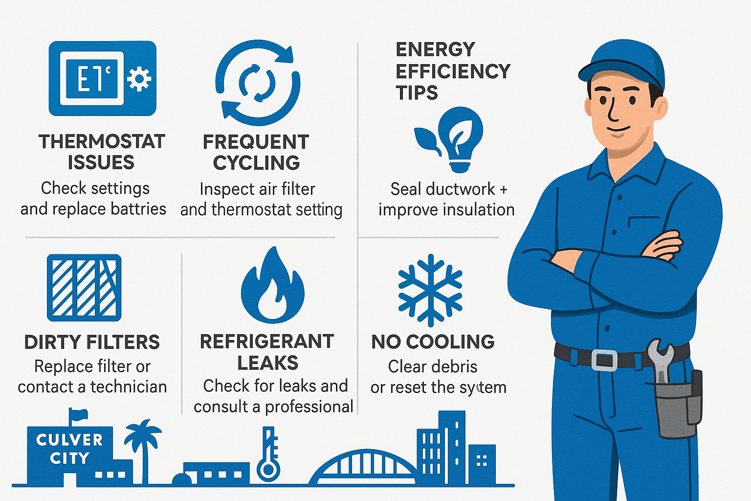 Infographic presenting common HVAC repair issues and troubleshooting tips for Culver City residents