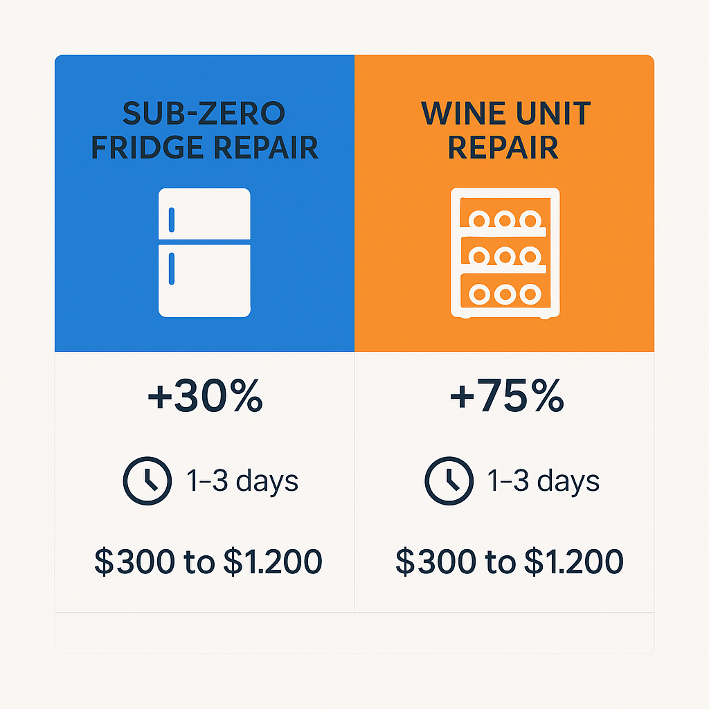 Side by side comparison chart of general Sub Zero fridge repair and specialized wine storage unit repair