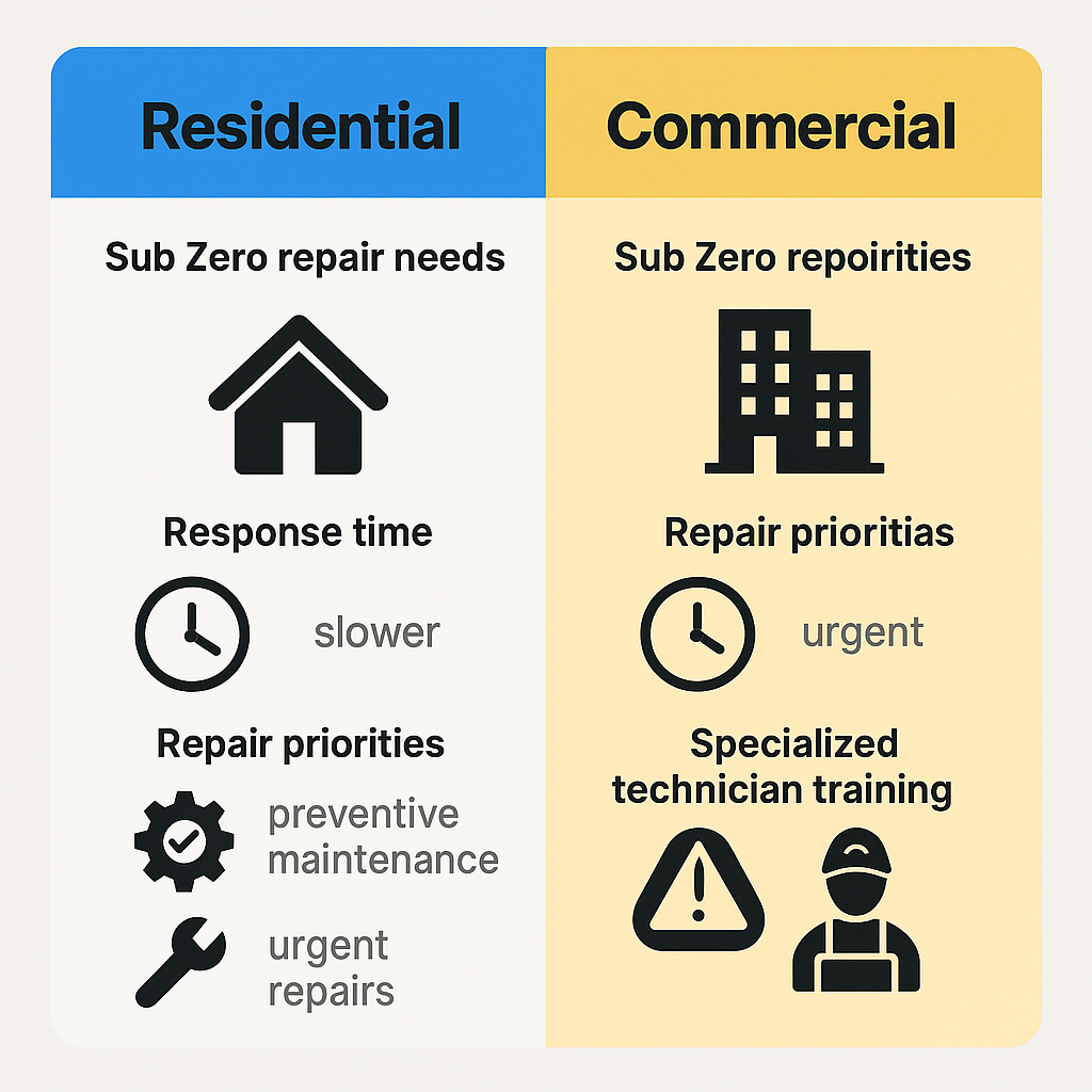 Comparison chart of commercial versus residential Sub Zero appliance repair needs
