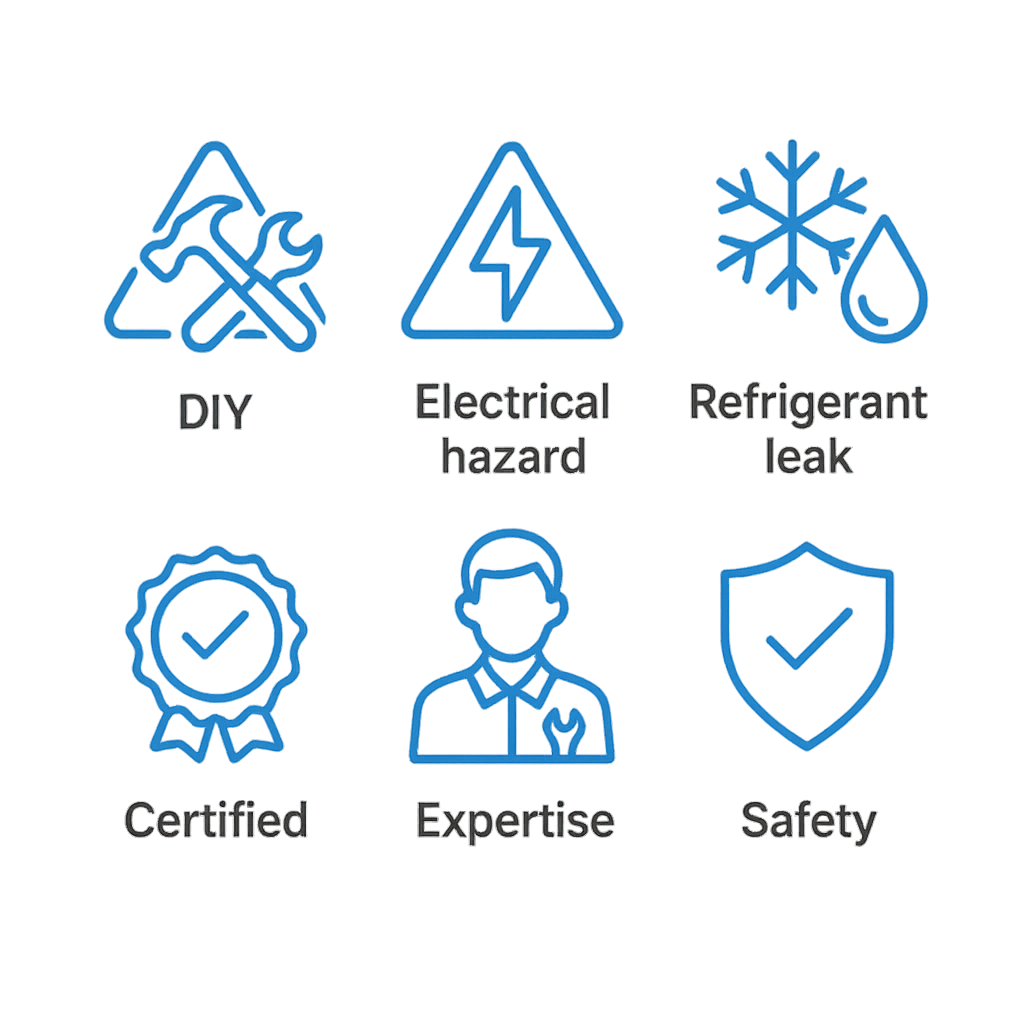 Icon set illustrating risks of DIY refrigerator repairs compared to professional service benefits