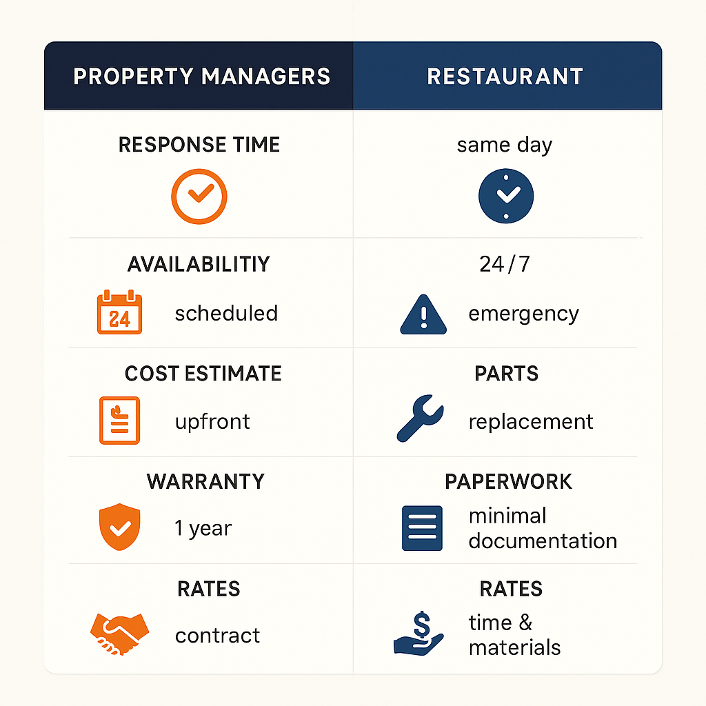 Comparison chart of Sub Zero repair services for high-rise condos versus restaurant kitchens