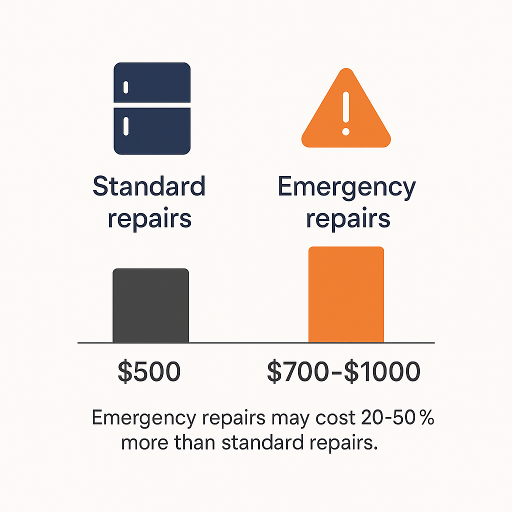 Side-by-side comparison chart of typical repair costs and emergency repair premiums for Sub Zero refrigerators