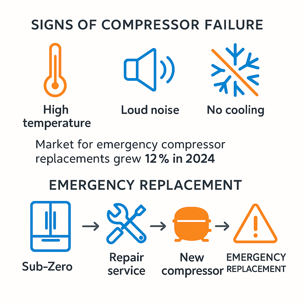 Infographic showing signs of compressor failure and emergency replacement process for Sub Zero refrigerators