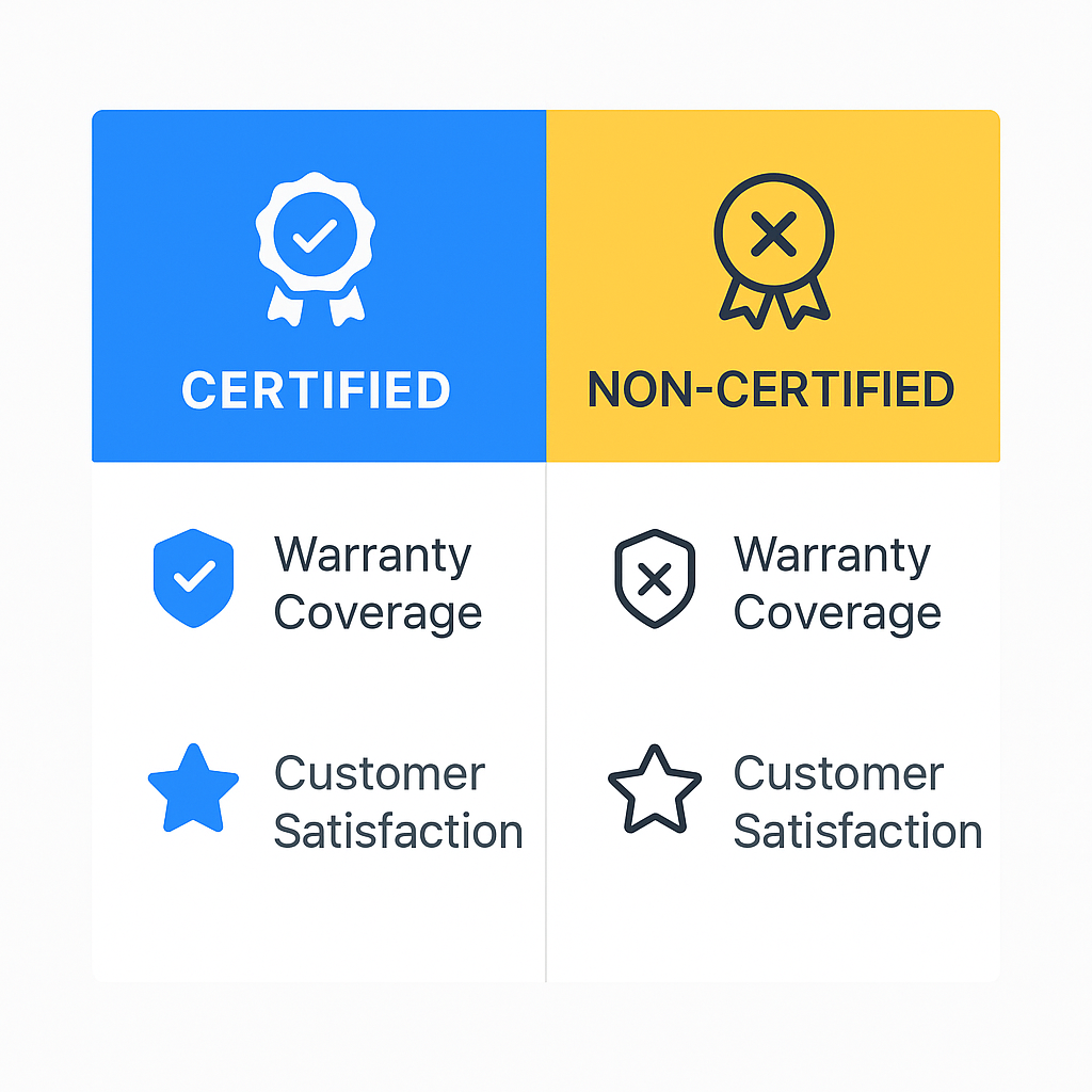 Visual comparison of certified versus non-certified technician benefits, warranty, and customer satisfaction