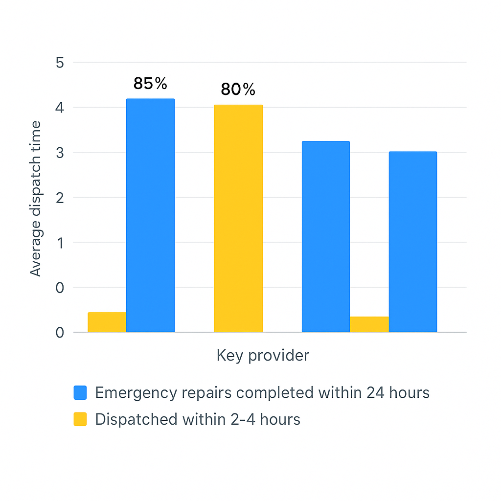 Overview of emergency repair dispatch times and 24/7 availability statistics across providers