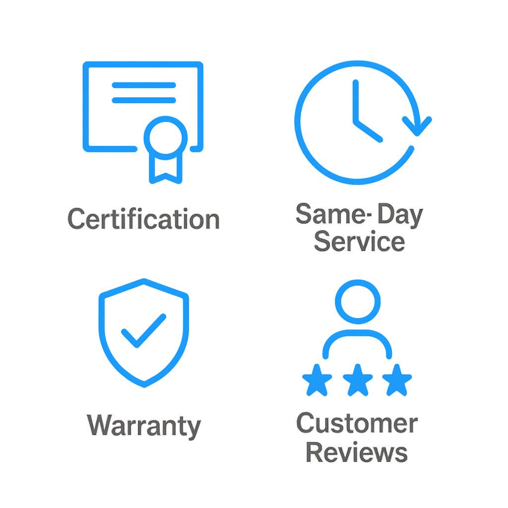 Icon collection illustrating key features of reliable Sub Zero repair providers in Glendale including certification, prompt service, warranty, and positive customer feedback.