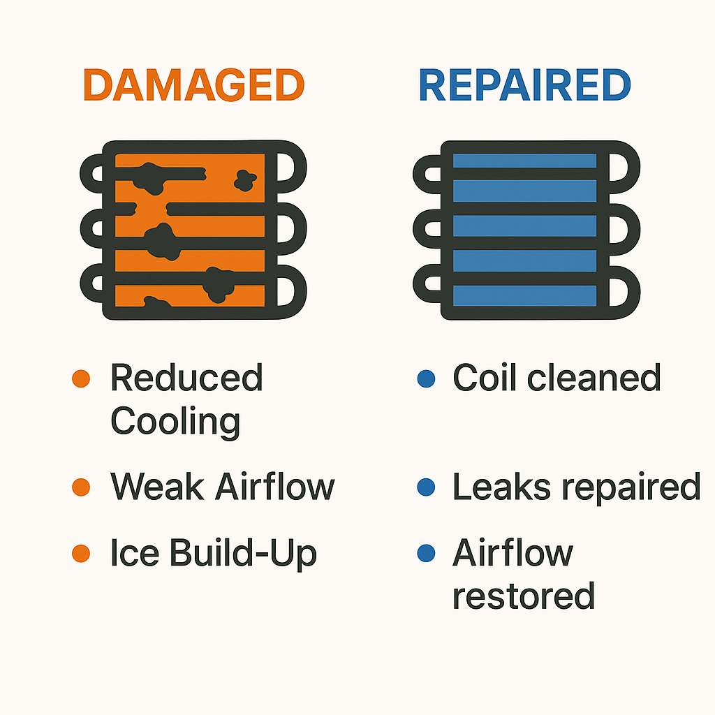 Side-by-side comparison of damaged versus repaired evaporator coil with annotated symptoms and repair steps