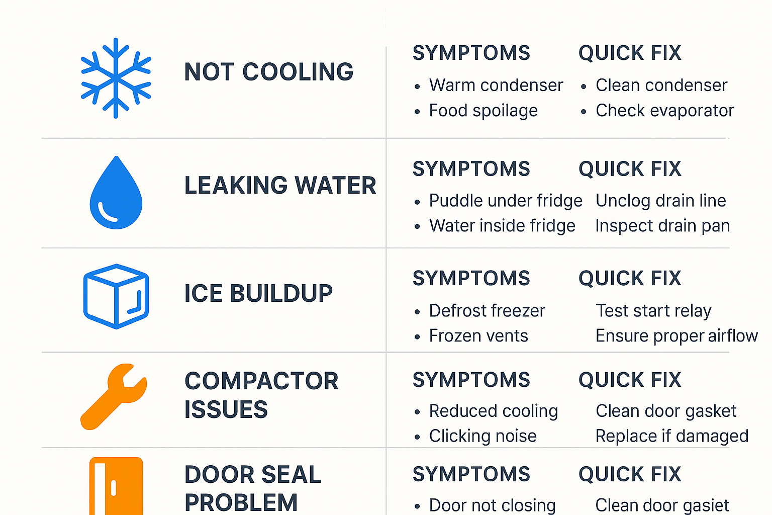 Infographic showing top 5 common Subzero fridge repair issues with symptoms and quick fixes