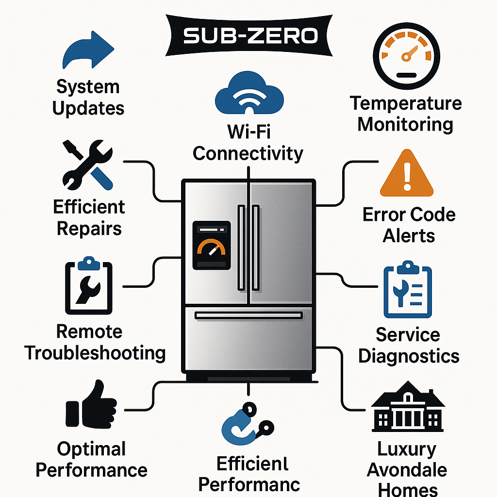 Infographic detailing advanced diagnostic tools and benefits for Sub Zero refrigerators in luxury homes