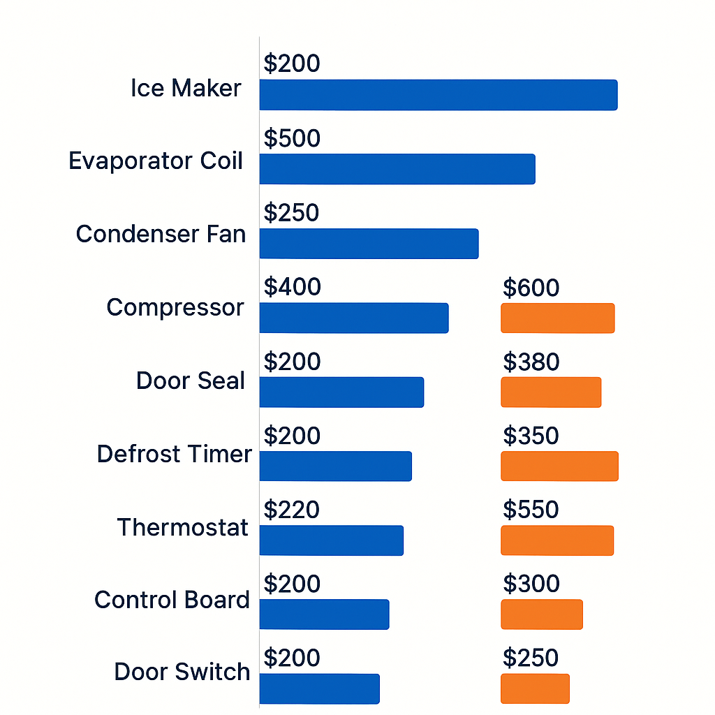 Comparison chart of typical repair costs for different Subzero fridge issues in Surprise, AZ