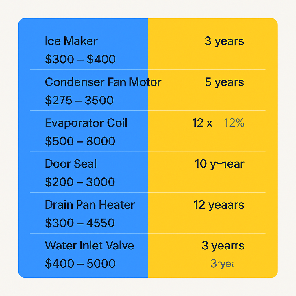 Comparison chart of Subzero repair cost ranges and warranty coverage timelines in Los Angeles