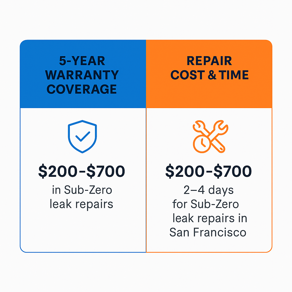 Comparison of warranty coverage and repair costs for Sub Zero leak repairs