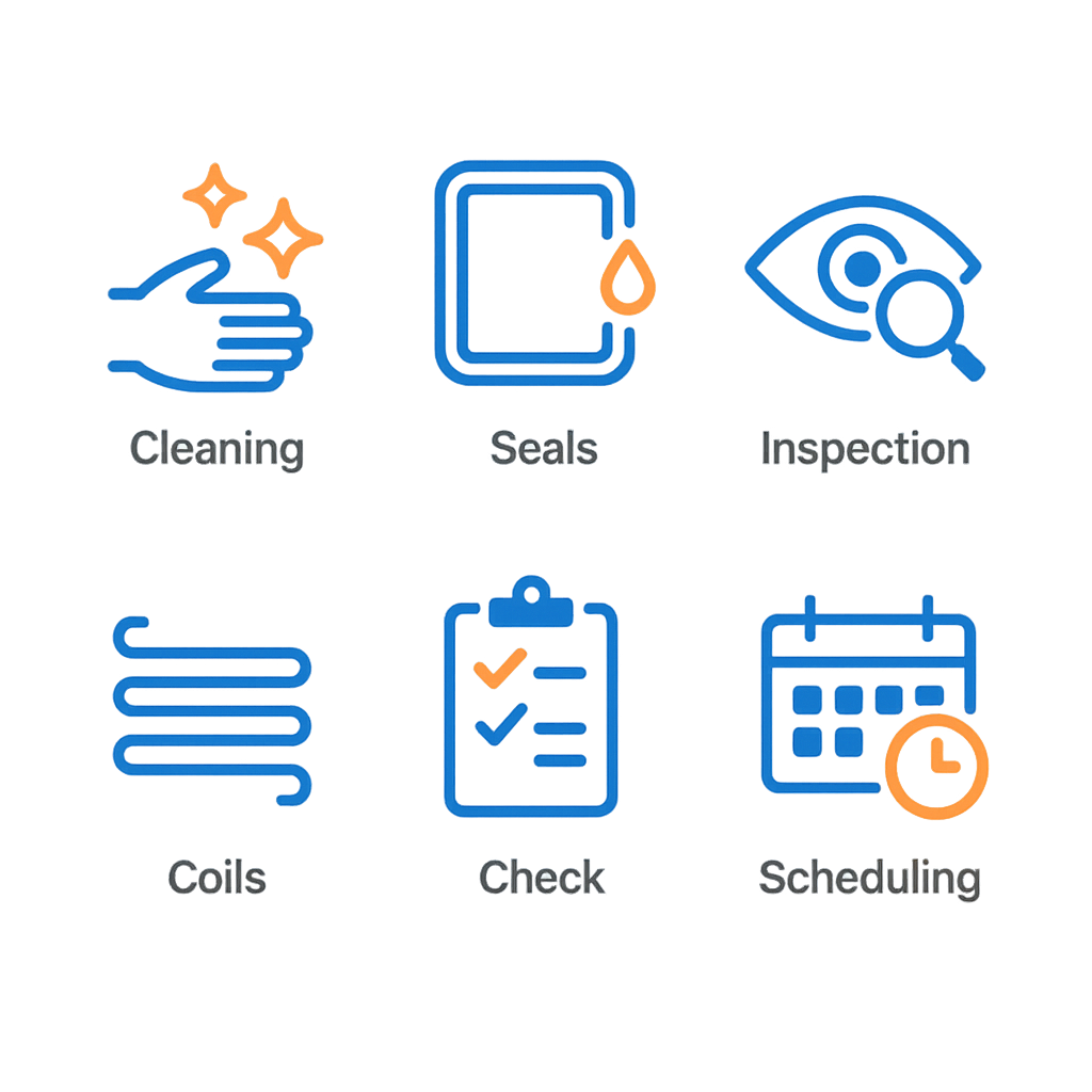 Icon set showcasing maintenance tips for Sub Zero refrigerators