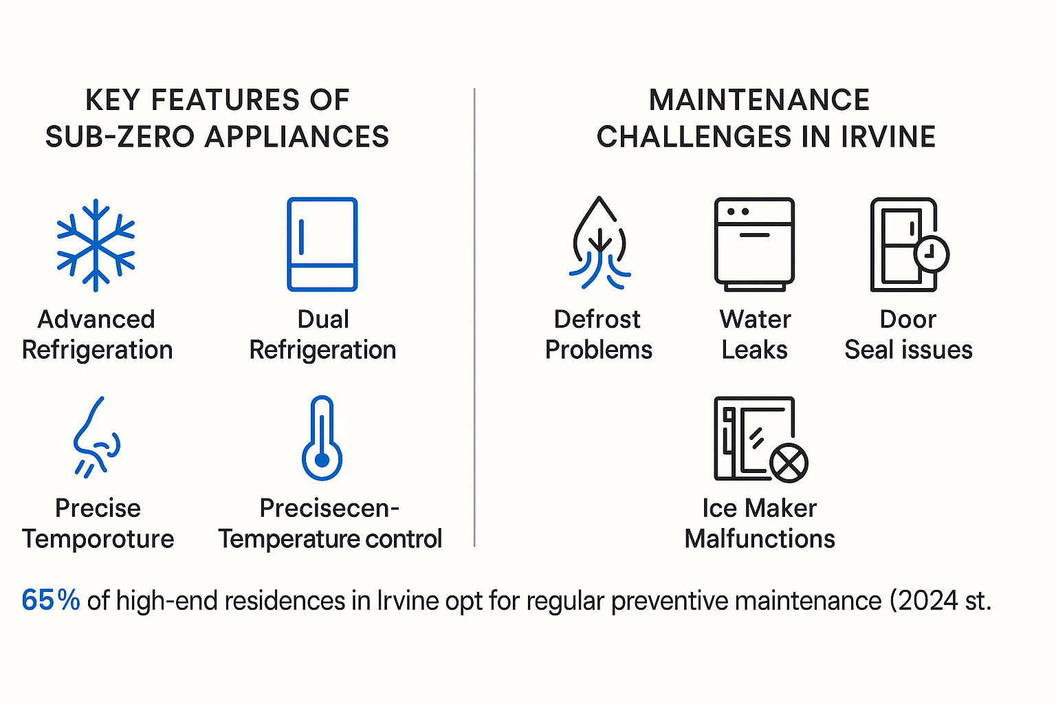 Minimalist infographic depicting Sub Zero appliance features and maintenance challenges in Irvine.