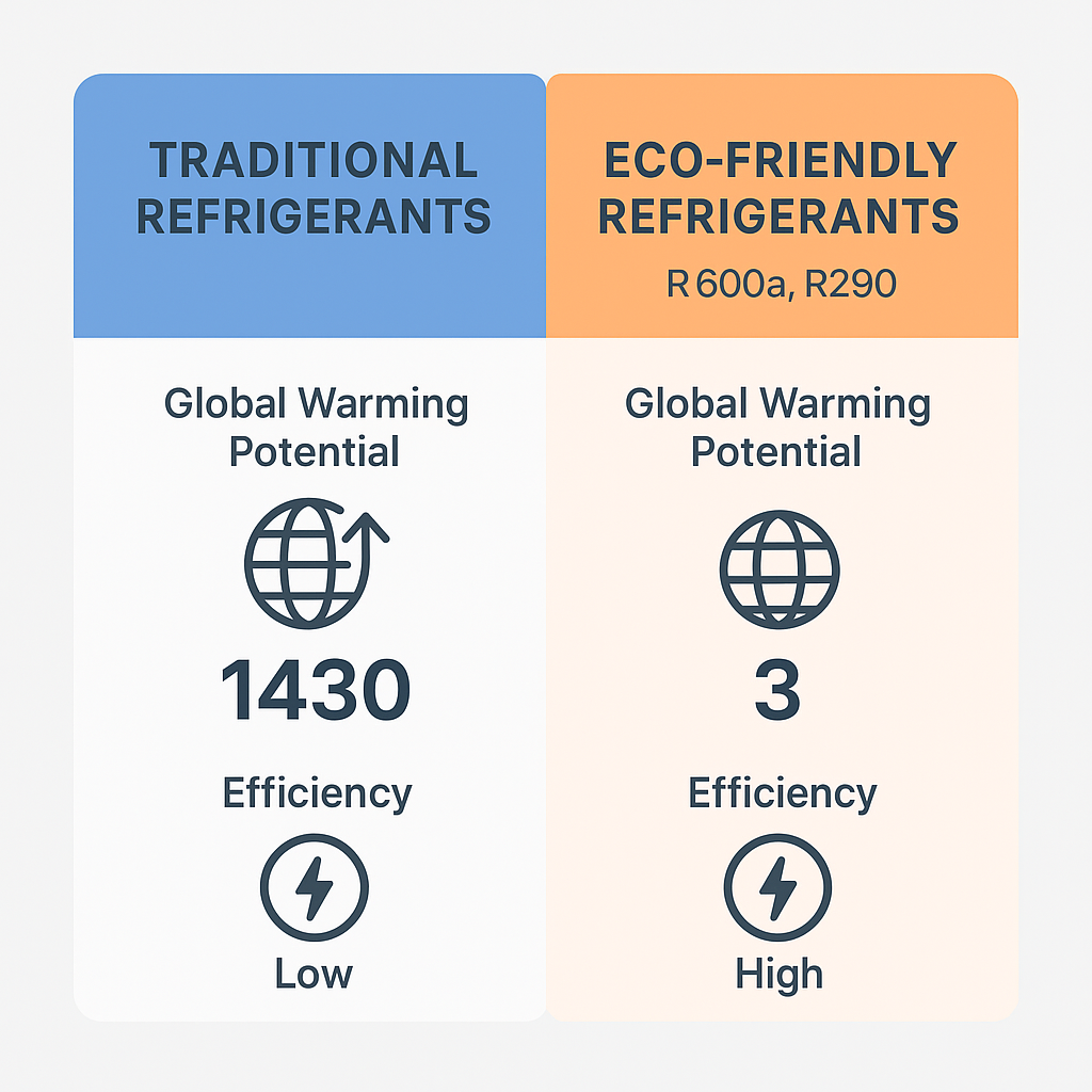 Side-by-side comparison of refrigerant types highlighting eco-friendly benefits.