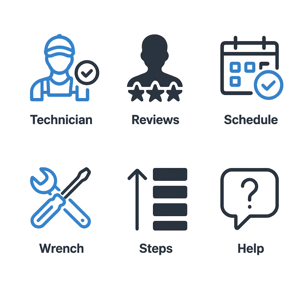 Icon collection highlighting trusted Sub Zero maintenance specialist attributes and processes.